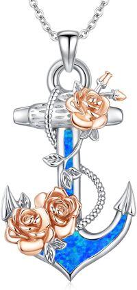 wholesale 925 Sterling Silver Anchor Pendant Necklace with Blue Opal and Rose Charms s for Women-Silver+Blue Opal