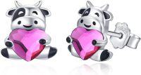 wholesale 925 Sterling Silver Hypoallergenic Pink Heart Cow Stud Earrings - Cute Animal  for Women-Rose Red