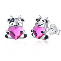 wholesale 925 Sterling Silver Cow Holding Pink Heart Earrings Wholesale For Women Girls-Rose Red