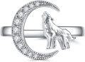 wholesale 925 Sterling Silver Crescent Moon Howling Wolf Adjustable Ring for Women-0-0