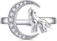 wholesale 925 Sterling Silver Crescent Moon Howling Wolf Adjustable Ring for Women-Wolf