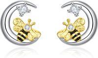 wholesale 925 Sterling Silver Bee & Crescent Moon Stud Earrings with Cubic Zirconia for Women-Bee