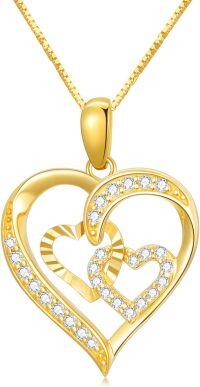 wholesale 14K Gold Double Heart CZ Pendant Necklace for Women-Triple Hearts-1-Box Chain