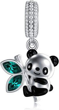 wholesale 925 Sterling Silver & Austrian Crystal Cute Smiling Panda Eating Bamboo Charm for Bracelet Necklace Gift-Animal_Panda