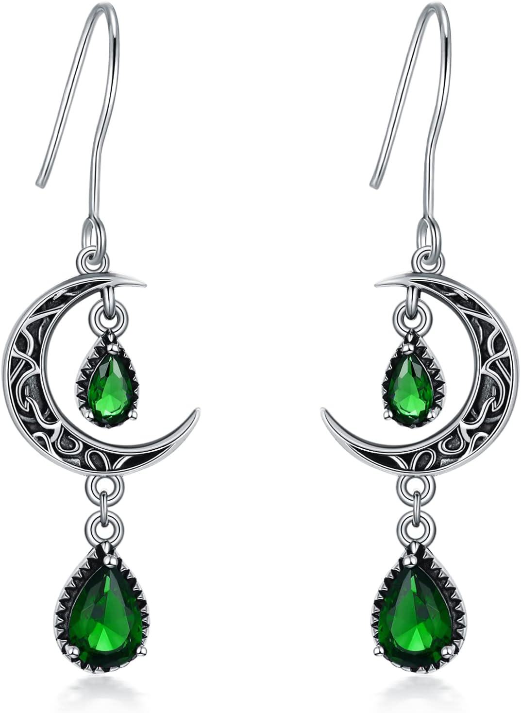 wholesale Sterling Silver Moon Earrings w Emerald Amethyst Ruby Sapphire Pink Peridot Aquamarine Citrine Black Rainbow Topaz Celtic Dangle Drops-Light Green
