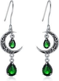 wholesale Sterling Silver Moon Earrings w Emerald Amethyst Ruby Sapphire Pink Peridot Aquamarine Citrine Black Rainbow Topaz Celtic Dangle Drops-Light Green