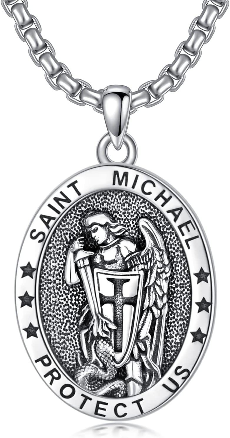 Sterling Silver Oval St Michael St Christopher Medal Archangel Cross Necklace w 22 +2 Chain-0-0