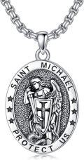 wholesale 925 Sterling Silver Saint Michael Pendant with Archangel Cross and Stars on Oval Medallion Necklace (24+2) -0-0