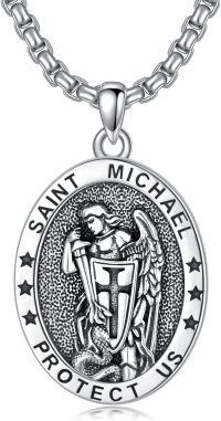 wholesale 925 Sterling Silver Saint Michael Pendant with Archangel Cross and Stars on Oval Medallion Necklace (24+2) -A02-St Michael