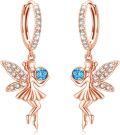 wholesale Rose Gold 925 Sterling Silver Blue Crystal Tinkerbell Fairy Angel Dangle Drop Earrings for Women-0-0