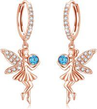 wholesale Rose Gold 925 Sterling Silver Blue Crystal Tinkerbell Fairy Angel Dangle Drop Earrings for Women-Rose Gold