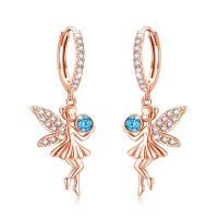 wholesale Rose Gold 925 Sterling Silver Blue Crystal Tinkerbell Fairy Angel Dangle Drop Earrings for Women-Rose Gold