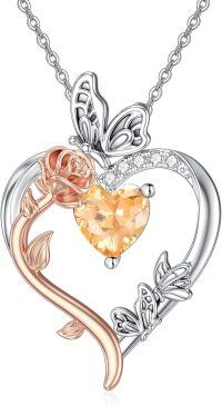 wholesale TOUPOP November Birthstone Necklace 925 Sterling Silver Rose Heart Citrine Necklace Heart Butterfly Pendant Necklace Jewelry Anniversary Birthday Christmas Gifts For Women Her Wife Girlfriend Mom -undefined