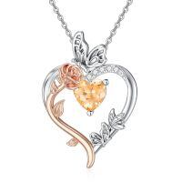 TOUPOP Sterling Silver Citrine Heart Butterfly Pendant Necklace-undefined