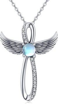 wholesale 925 Sterling Silver Opalite Winged Infinity Cross Necklace for Women Gifts-Moonstone