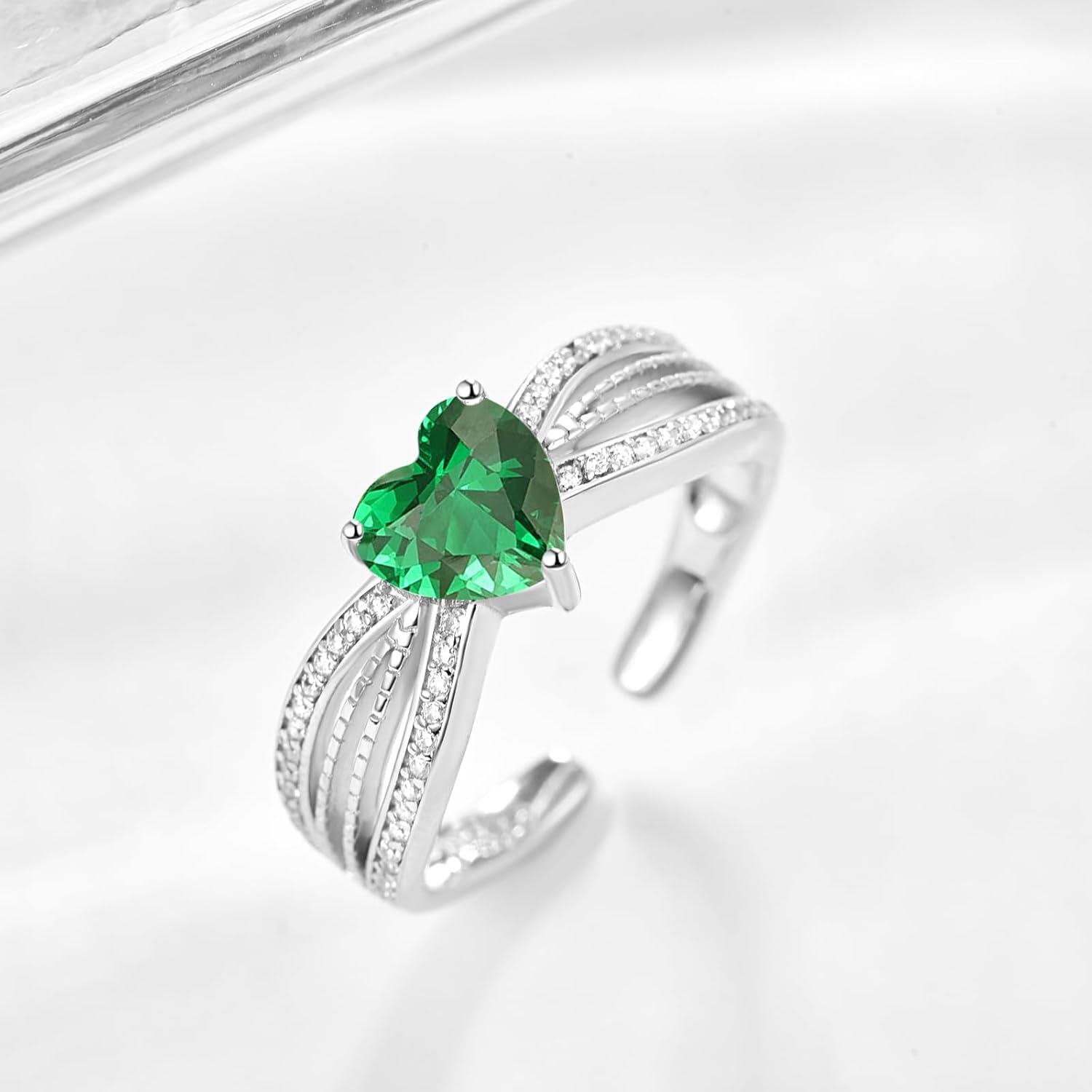 Sterling Silver CZ Heart Rings Adjustable Birthstone Jewelry Gift for Women Mom-0-2