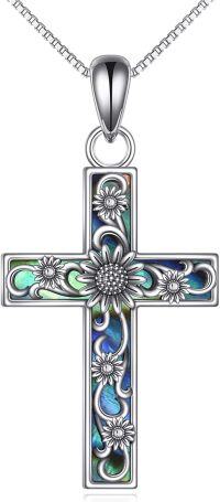 wholesale 925 Sterling Silver Abalone Shell Flower Cross Pendant Necklace for Women Girls Christian  43cm Chain Length-Abalone Sunflower