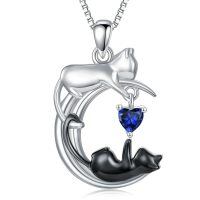 wholesale 925 Sterling Silver Onyx Cat Moon Pendant Necklace Women s Jewelry Gift-September - Created Sapphire
