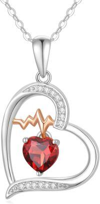 wholesale Sterling Silver Gemstone Love Heart Birthstone Necklace with Heartbeat Pendant for Women Gift for Mother Wife Girlfriend-01-Jan-Garnet