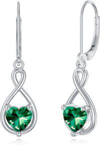 wholesale 925 Sterling Silver Birthstone Infinity Heart Dangle Drop Leverback Earrings for Women-May-Emerald,