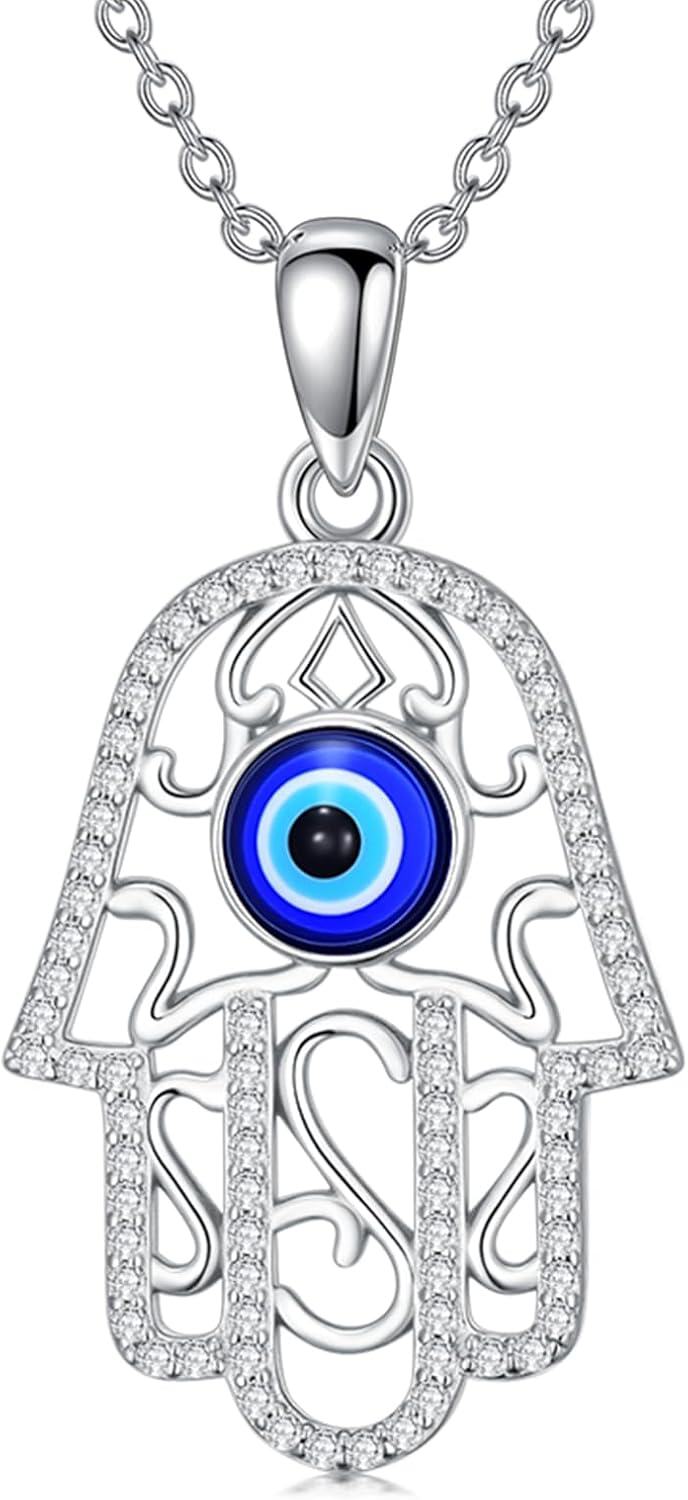 Sterling Silver Lotus Evil Eye Hamsa Necklace Hand of Fatima Pendant Jewelry for Women-0-0