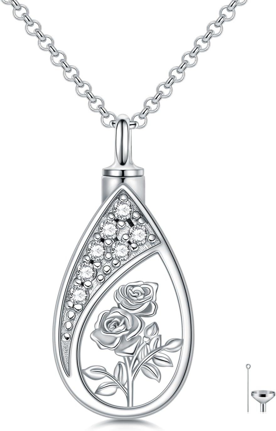 925 Sterling Silver Floral Tear Drop Keepsake Pendant Necklaces w/Funnel Set for Women's Memorial Jewelry-0-0