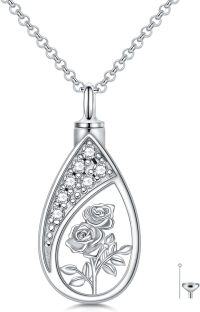 wholesale 925 Sterling Silver Floral Tear Drop Keepsake Pendant Necklaces w/Funnel Set for Women's Memorial Jewelry-06-June-Rose Flower