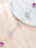 wholesale 925 Sterling Silver Heart-Shaped Pink Stone & Rose Flower Charm Adjustable Bracelet Gift for Women and Girls-0-3