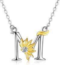 wholesale 925 Sterling Silver Gold & Sterling Silver Sunflower Initial Necklace with CZ, Personalized Faith & Radiance Pendant, Elegant Gift for Women-Sunflower M
