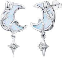 wholesale 925 Sterling Silver Opal Crescent Moon & Star Drop Earrings for Women Girls Gifts Jewelry Accessories 3cm Long-Moon