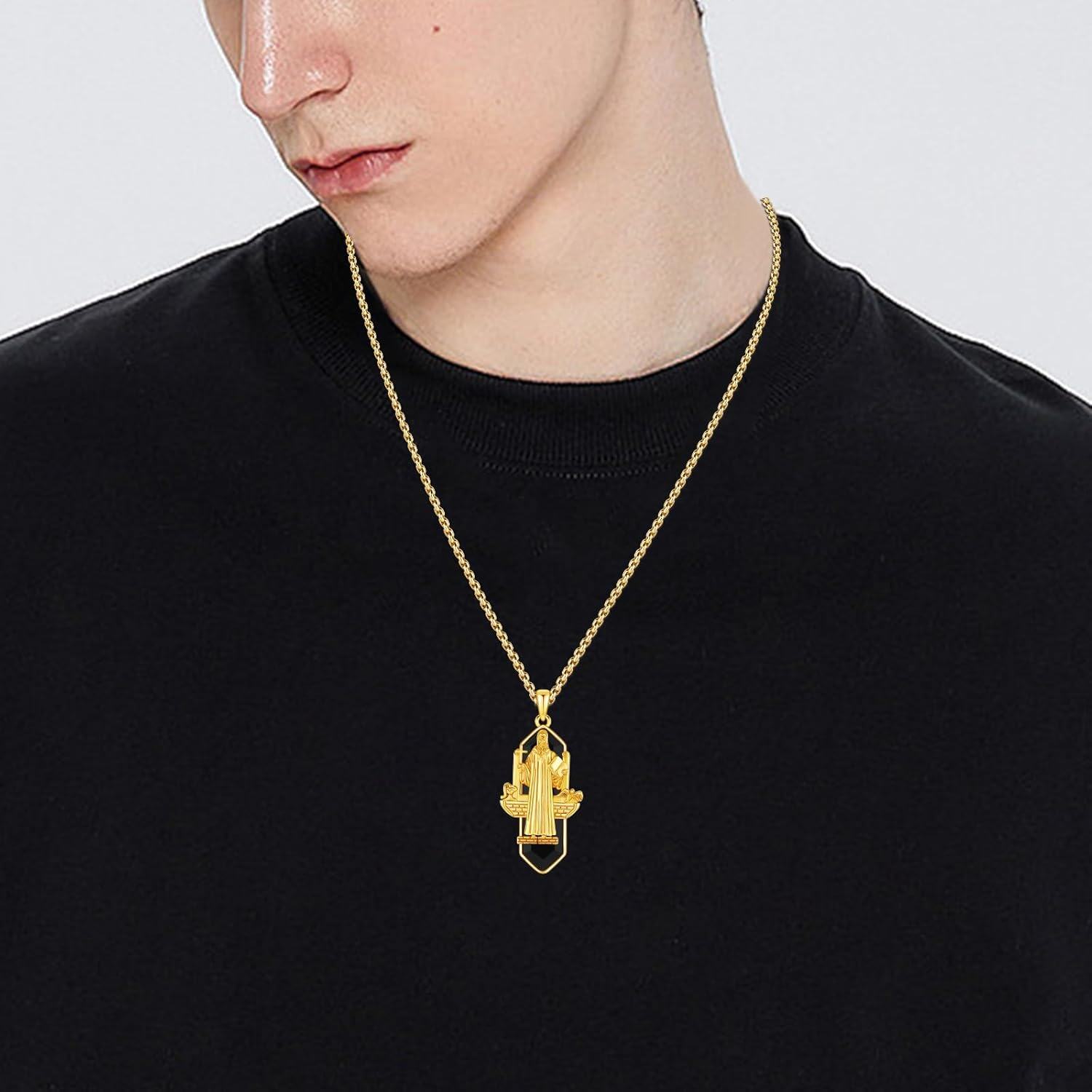 wholesale Gold Plated 925 Sterling Silver Saint Benedict Medal Necklace with Onyx Stone and Engraved Prayer for Men Women Catholic Gifts-0-3