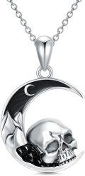 wholesale 925 Sterling Silver Crescent Moon Skull Pendant Necklace-0-0