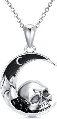 wholesale 925 Sterling Silver Crescent Moon Skull Pendant Necklace-Skull
