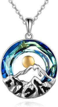 wholesale 925 Sterling Silver Blue Crystal Mountain Range Pendant Necklace with Gold Sun and Black Stone Accents for Nature Enthusiasts-Pendant Necklace