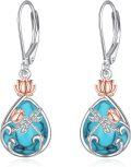 wholesale 925 Sterling Silver Teardrop Lotus Flower Dragonfly Drop Earrings w/ Turquoise & Rose Gold Accents-0-0
