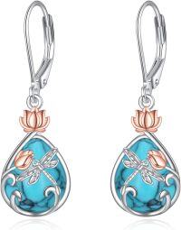 wholesale 925 Sterling Silver Teardrop Lotus Flower Dragonfly Drop Earrings w/ Turquoise & Rose Gold Accents-07-Turquoise Dragonfly Earrings
