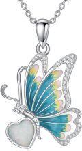 wholesale 925 Sterling Silver Opal Butterfly Heart Pendant Necklace with Cubic Zirconia Accents and Chain for Women Girls  (Blue)-0-0