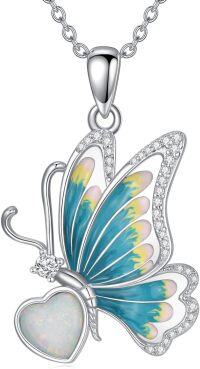 wholesale 925 Sterling Silver Opal Butterfly Heart Pendant Necklace with Cubic Zirconia Accents and Chain for Women Girls  (Blue)-Butterfly with Opal Necklace