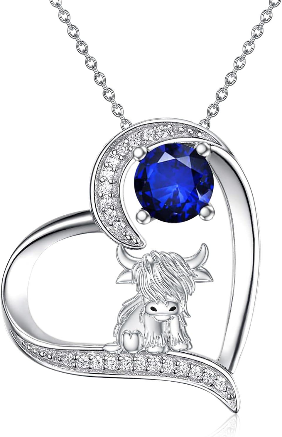 Sterling Silver Highland Cow Birthstone Necklace Jewelry Gifts for Women Girls-1-09-September-1-09-September