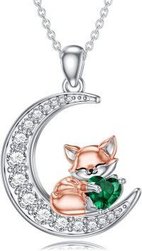 wholesale Metal Stone Fox Moon Pendant Necklace Birthstone Gift for Women-May