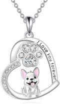wholesale 925 Sterling Silver Heart-Shaped French Bulldog and Paw Print Pendant Necklace with Cubic Zirconia Stones - Gifts for Dog Lovers-0-0