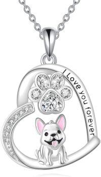wholesale 925 Sterling Silver Heart-Shaped French Bulldog and Paw Print Pendant Necklace with Cubic Zirconia Stones - Gifts for Dog Lovers-French Bulldog