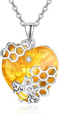 wholesale 925 Sterling Silver Bumble Bee Citrine Heart Pendant Necklace Crystal s for Her Wife Mom-bee necklace-04
