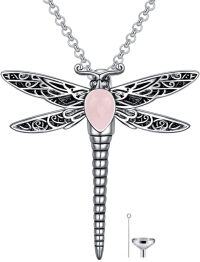 wholesale Sterling Silver Stone Dragonfly Urn Necklace for Ashes w Filling Tool-Stone-Rose Quartz