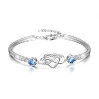 wholesale 925 Sterling Silver Austrian Crystal Infinity Love Heart Bangle Bracelet Adjustable 6 8 Gift for Her-Mar. Simulated Aquamarine