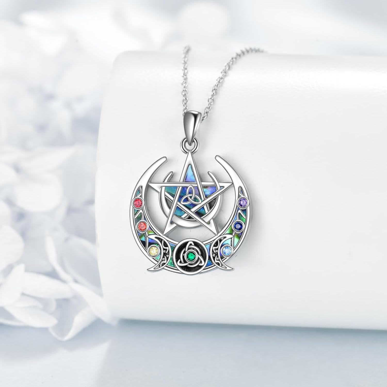 925 Sterling Silver Rainbow Moonstone Celtic Knot Pentagram Pendant Necklace for Women Girls-0-2