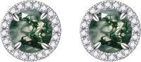 wholesale 925 Sterling Silver & Natural Gemstone Sparkle Halo Stud Earrings, 7mm Round CZ Halo, Elegant Gift, Hypoallergenic, 2g-Moss Agate-Halo
