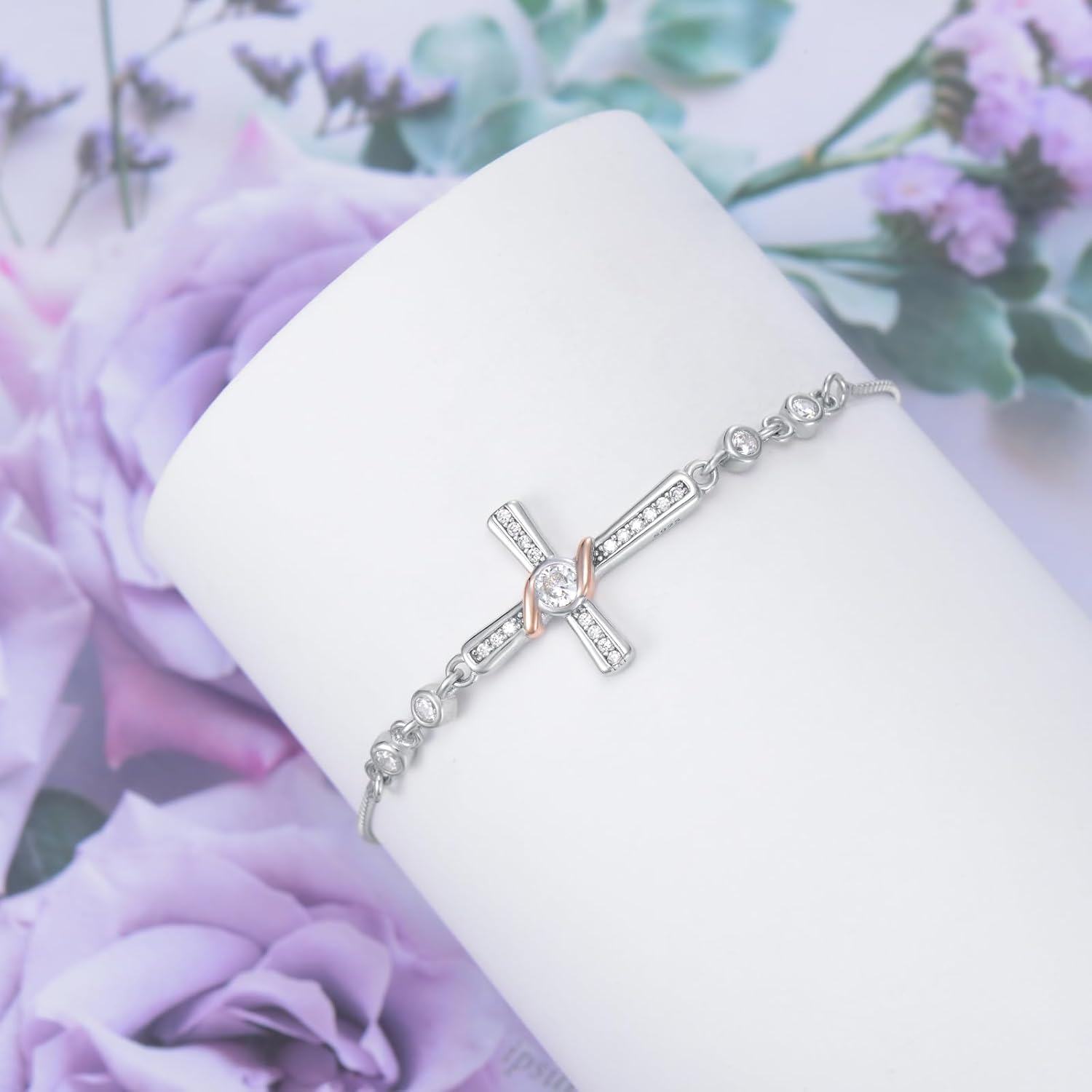 wholesale 925 Sterling Silver Cross CZ Adjustable Bangle Bracelet Gift for Women-0-2