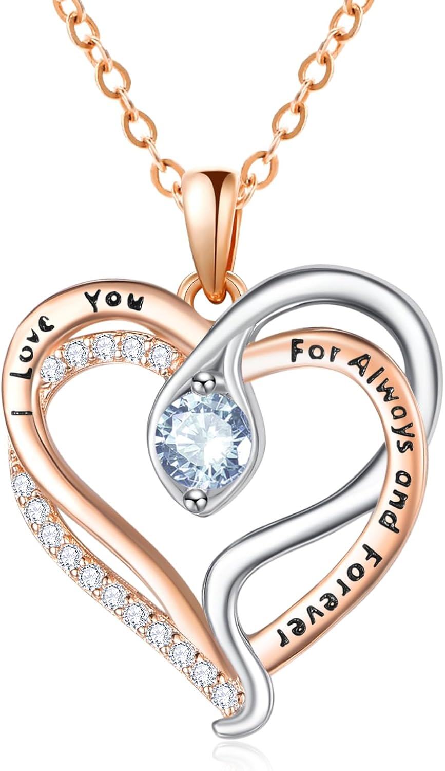 Sterling Silver Rose Gold Snake Pendant with Birthstone I Love You Always Forever Necklace Cute Animal Jewelry Gifts for Women-03 Mar - Aquamarine