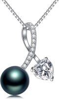 wholesale 925 Sterling Silver & White Gold Plated Black Pearl and Cubic Zirconia Heart Pendant Necklace for Women-0-0